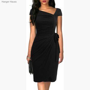 Knee-Length Wrap Dress with Cap Sleeves, Asymmetrical Neckline, Work to Party